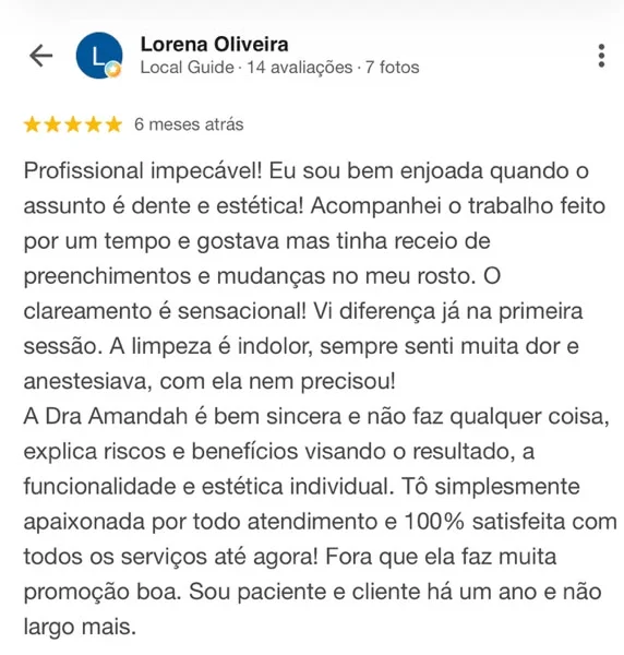 Print de avaliação de 5 estrelas de Lorena Oliveira no Google